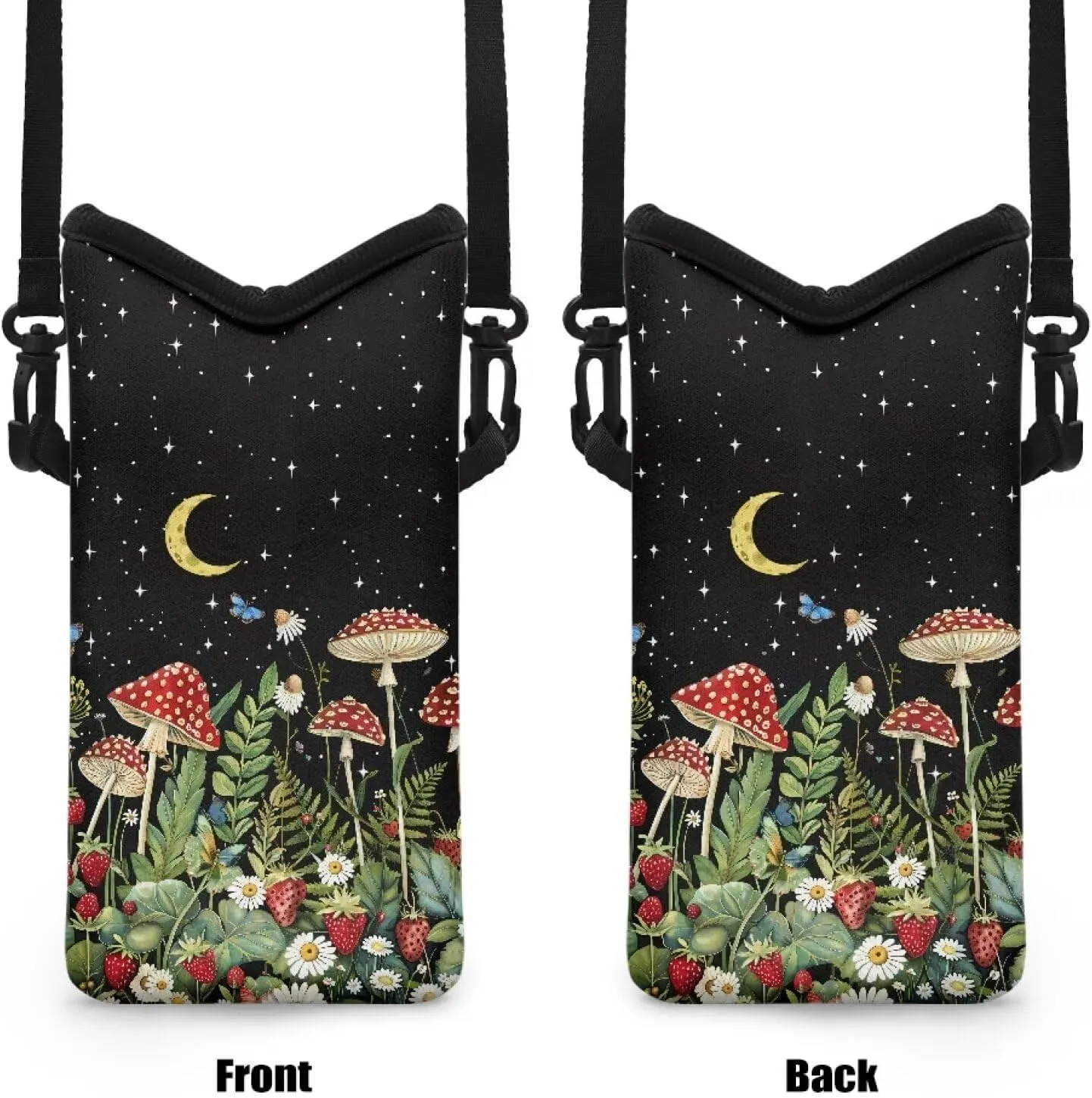 Small Cross Body Bag for Woman Man Cell Phone Crossbody Purse Neoprene Travel Shoulder Handbags for iPhone 15/14/13/12, Google Pixel 8/7/6, Mushroom Daisy Butterfly Strawberry Moon Black