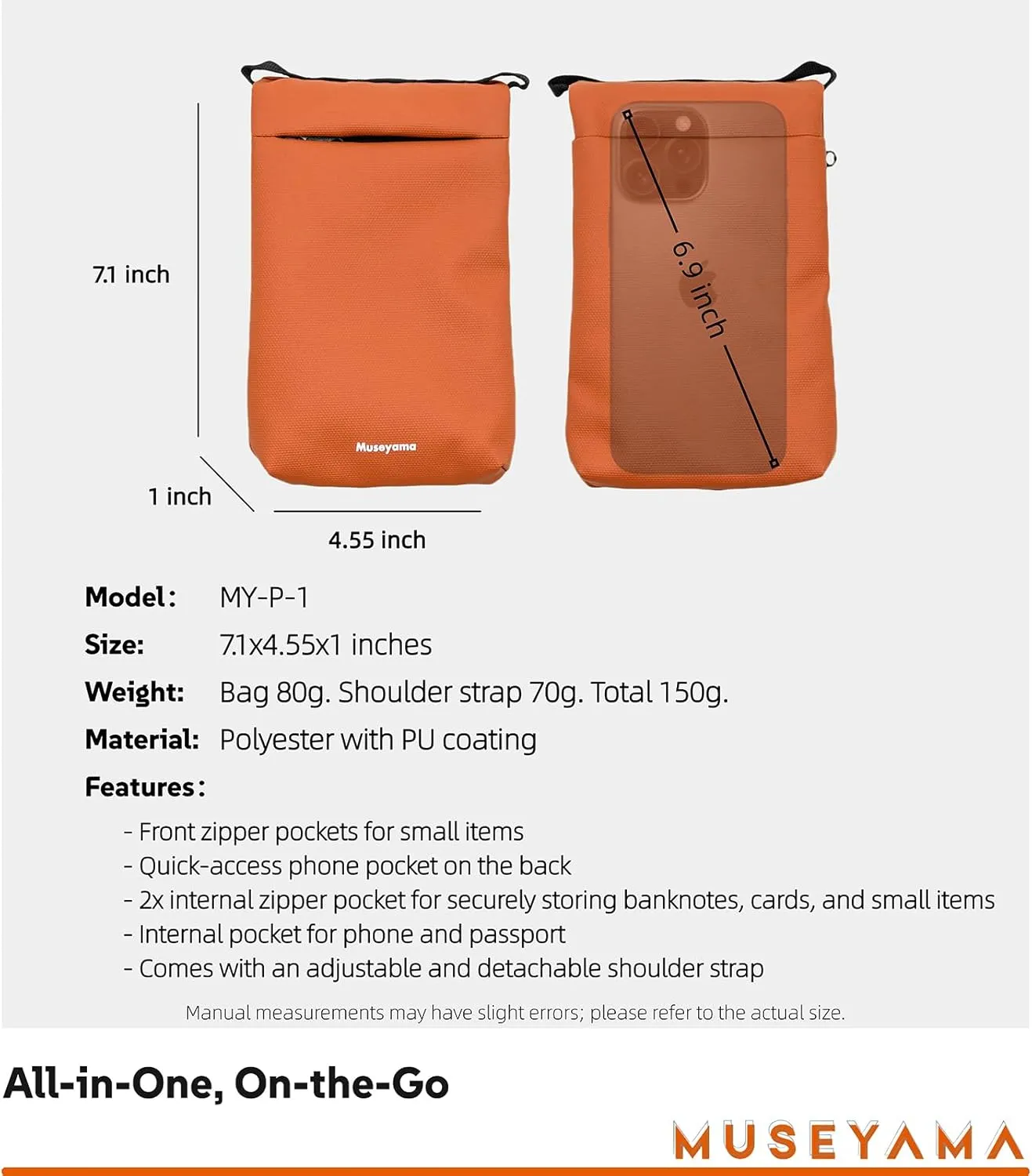 Small Crossbody Bag – Lightweight Foldable Water-Resistant Phone Purse with Adjustable/Detachable Strap