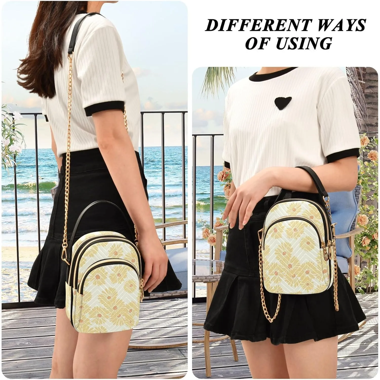Small Crossbody Bags for Women Cell Phone Bag Cross Body Purses 3 Pockets Zipper Daisy Print Pattern 1