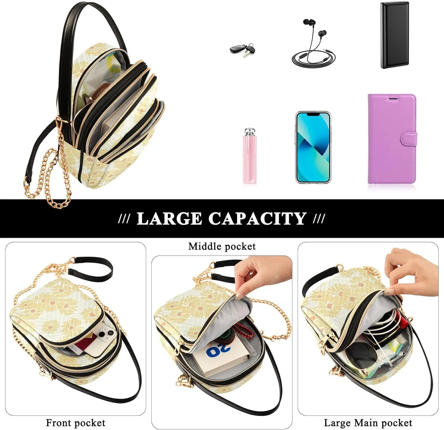 Small Crossbody Bags for Women Cell Phone Bag Cross Body Purses 3 Pockets Zipper Daisy Print Pattern 1