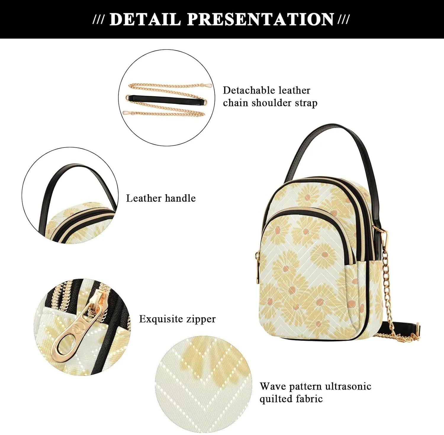 Small Crossbody Bags for Women Cell Phone Bag Cross Body Purses 3 Pockets Zipper Daisy Print Pattern 1