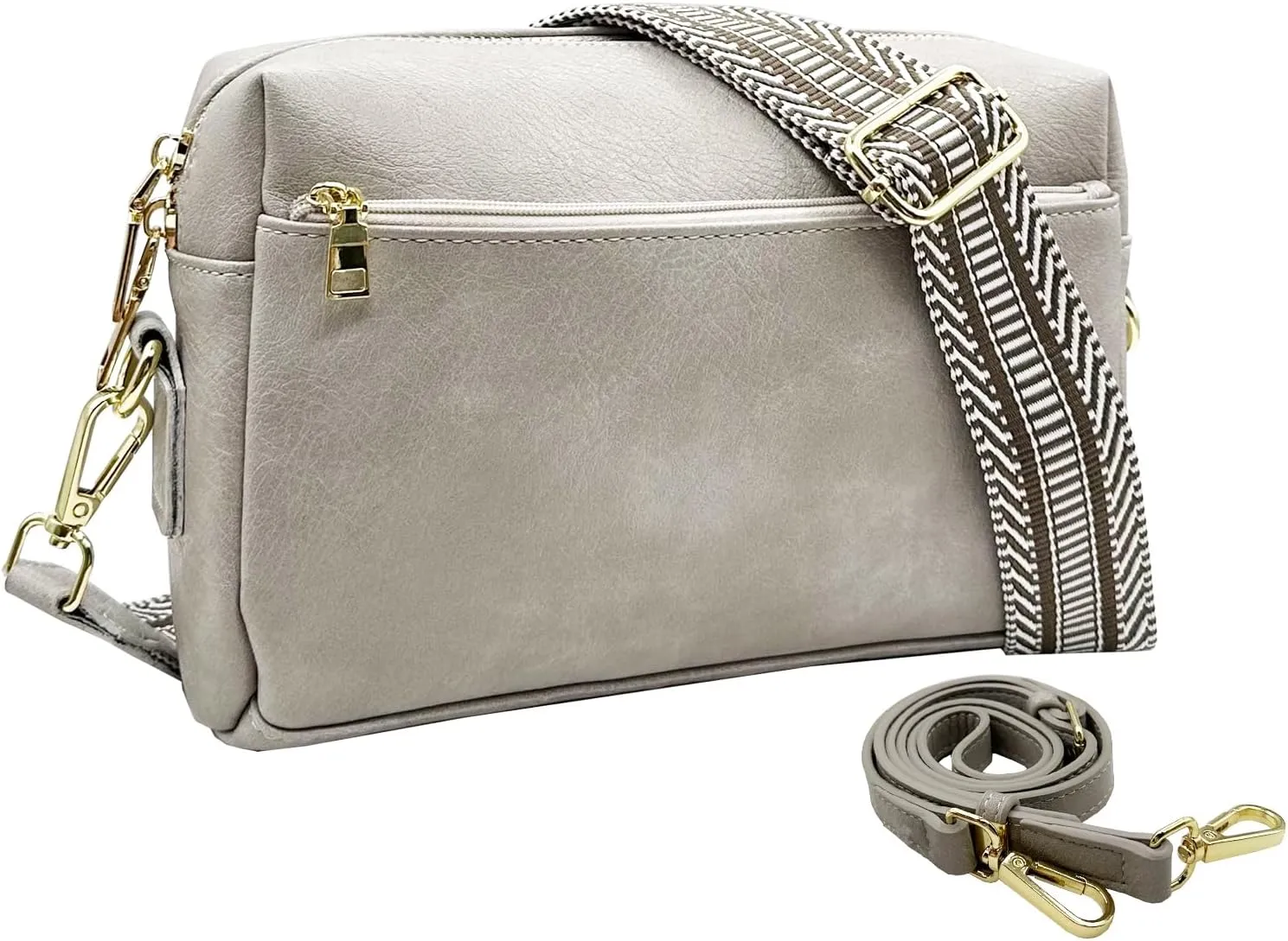 Small Crossbody Bags Purses for Women Triple Zip Vegan Leather Shoulder Handbags with Guitar & Leather Straps