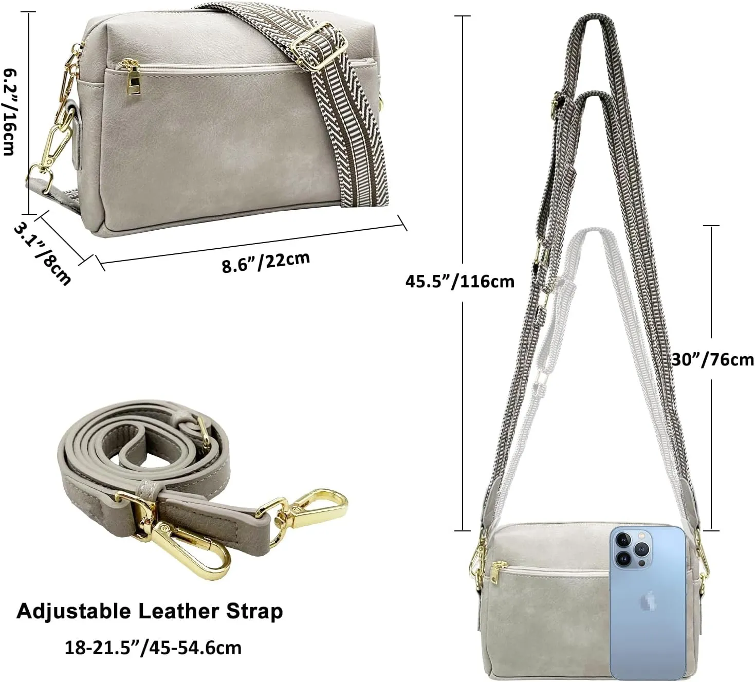 Small Crossbody Bags Purses for Women Triple Zip Vegan Leather Shoulder Handbags with Guitar & Leather Straps