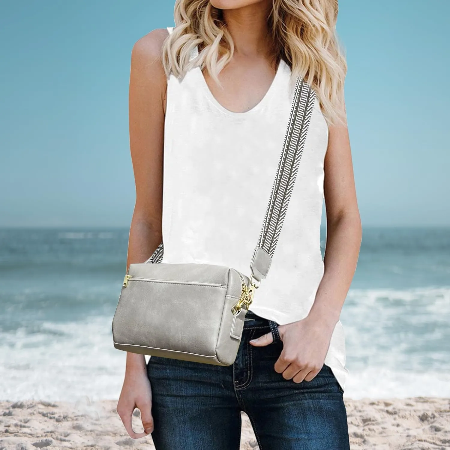 Small Crossbody Bags Purses for Women Triple Zip Vegan Leather Shoulder Handbags with Guitar & Leather Straps
