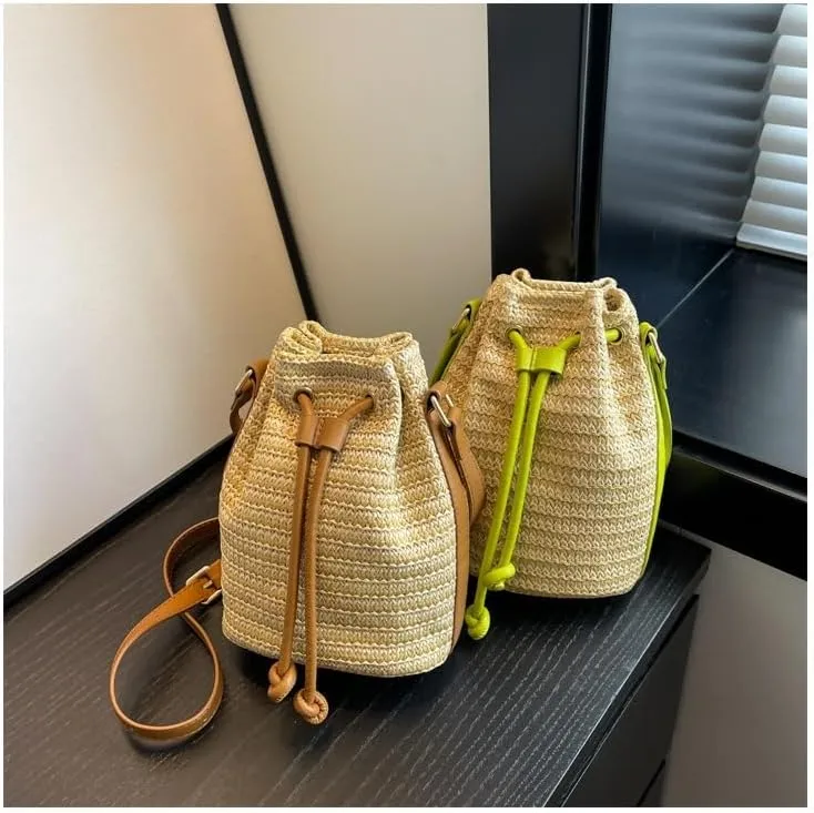 Small Crossbody Purses Women Y2k Beach Crochet Bucket Bags Drawstring Straw Bag Cute Bag