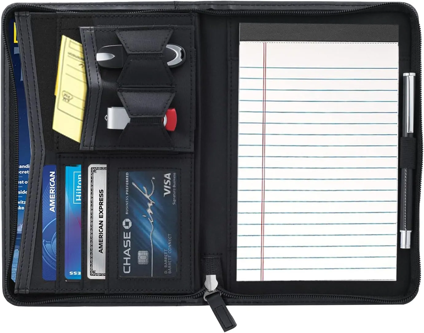 Small Portfolio Organizer, A5 Zippered Business Portfolio, Junior Padfolio Folder Binder for Women & Men, 5 x 8 Writing Pad Included, Black