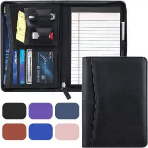 Small Portfolio Organizer, A5 Zippered Business Portfolio, Junior Padfolio Folder Binder for Women & Men, 5 x 8 Writing Pad Included, Black