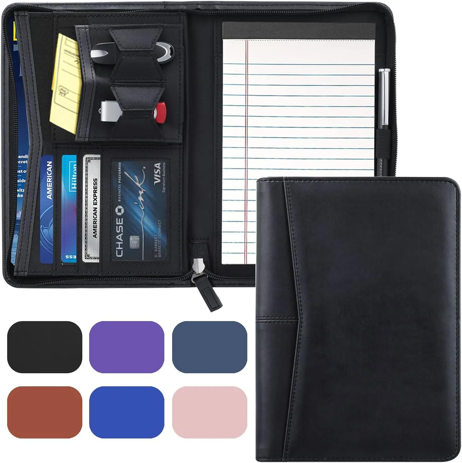Small Portfolio Organizer, A5 Zippered Business Portfolio, Junior Padfolio Folder Binder for Women & Men, 5 x 8 Writing Pad Included, Black