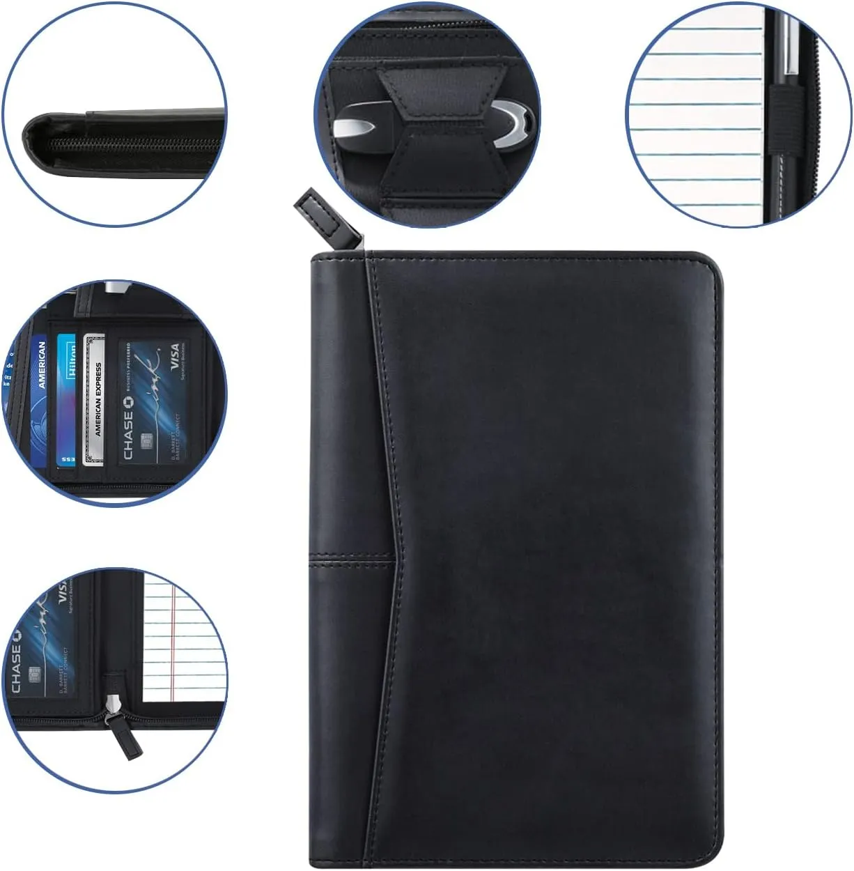 Small Portfolio Organizer, A5 Zippered Business Portfolio, Junior Padfolio Folder Binder for Women & Men, 5 x 8 Writing Pad Included, Black