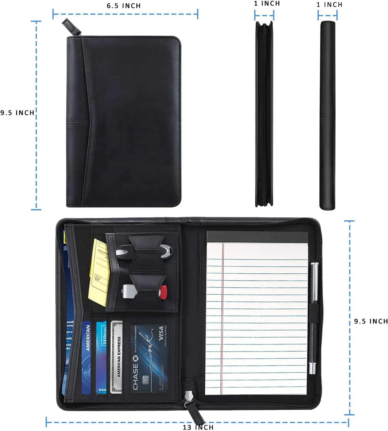 Small Portfolio Organizer, A5 Zippered Business Portfolio, Junior Padfolio Folder Binder for Women & Men, 5 x 8 Writing Pad Included, Black