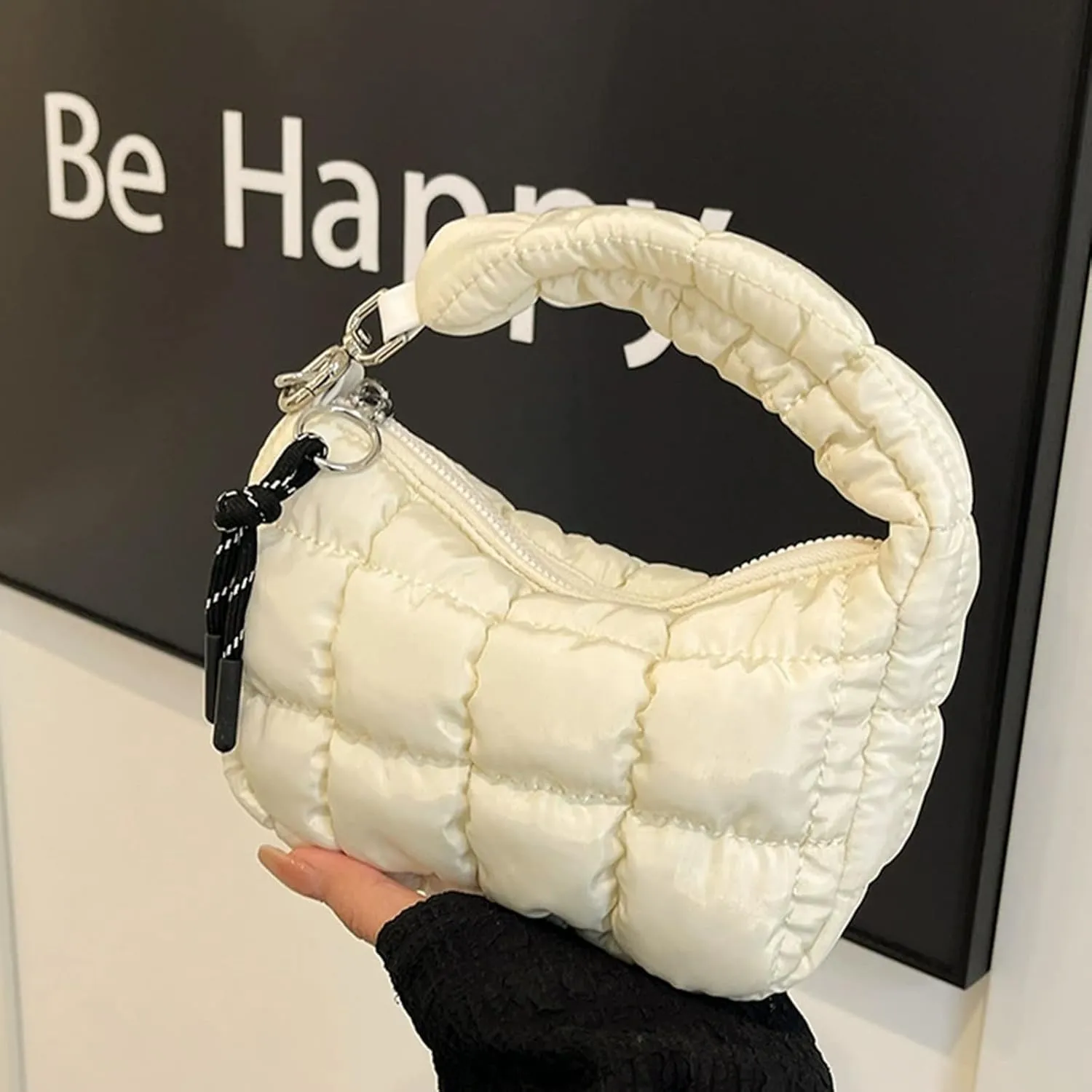 Small Puffer Purse, Mini Puffer Bag Wristlet Purses for Women Office Shopping, Lightweight Nylon Quilted Bag Gift