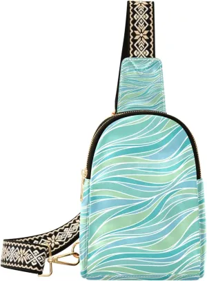 Small Sling Bag Abstract Green and Blue Wave Crossbody Bag PU Leather Sling Purse for Women