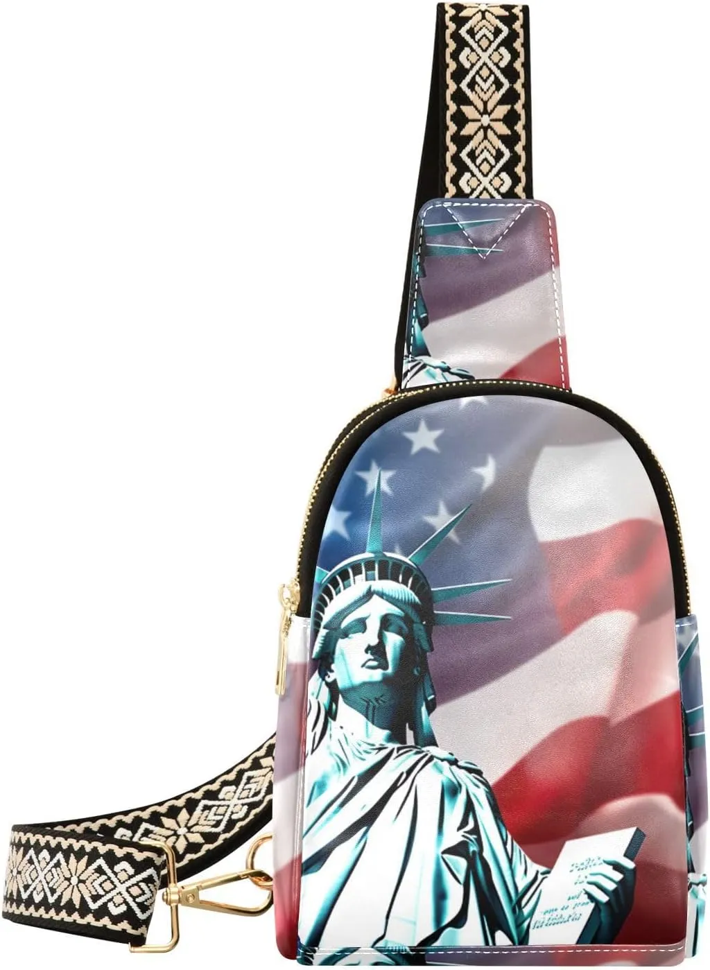 Small Sling Bag for Women,American Flag Statue Of Liberty PU Leather Crossbody Bags Chest Bag,Fashion Waist Packs with Adjustable Strap Hiking Traveling,A111429