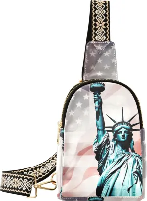 Small Sling Bag for Women,American Flag Statue Of Liberty PU Leather Crossbody Bags Chest Bag,Fashion Waist Packs with Adjustable Strap Hiking Traveling,A111539
