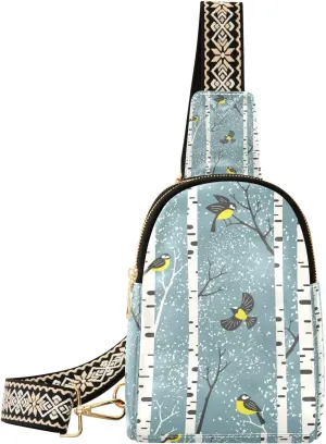 Small Sling Bag Winter Snowy Birch Trees Crossbody Bag PU Leather Sling Purse for Women