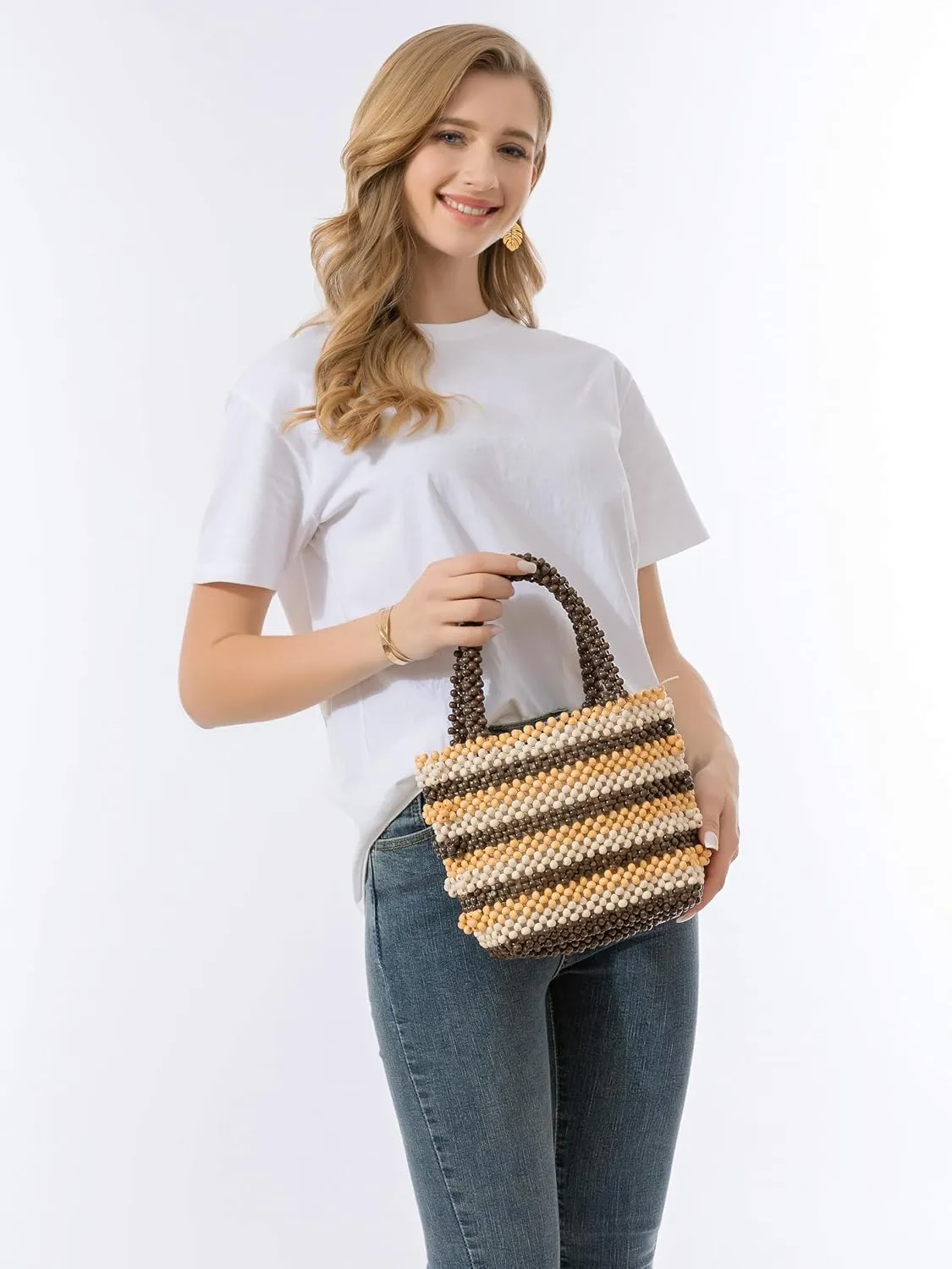 Small Tote Bag Wooden Bead Bag Woven Handbag Clutch Purses for Women