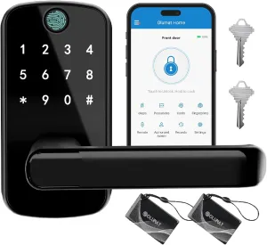 Smart Door Lock with Fingerprint - Keyless Entry Handle - App Controlled Digital Lock for Front Door, Garage, Home, Office, Rental