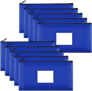 SMARTAKE 10-Pack Bank Deposit Money Bags with Zipper, Leather Bags Wallet Pouches with Label, Makeup Bags, for Cash, Coins, Cosmetics, Invoice, Bills, Tools, 11.5 x 6.2 Inches (Blue)