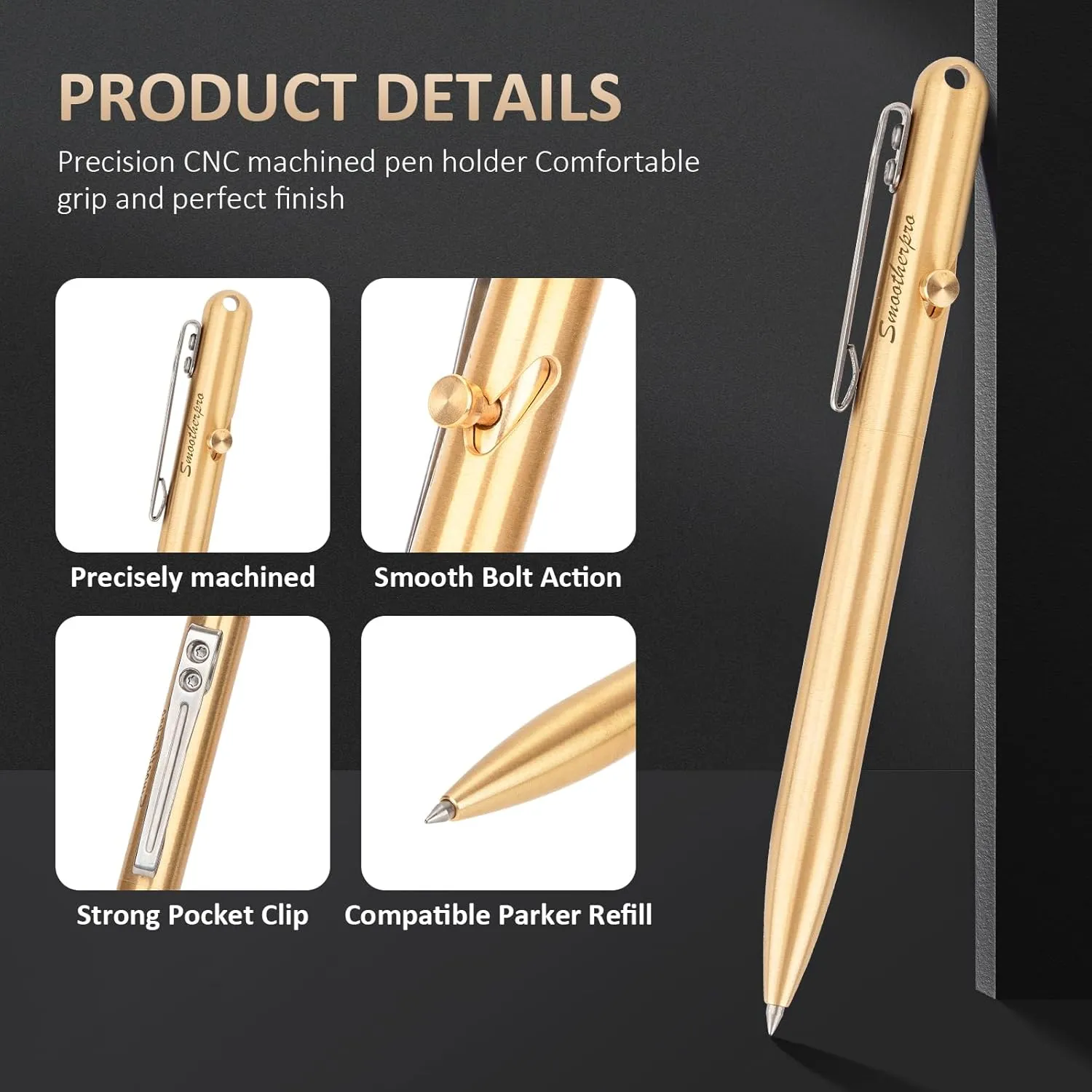 SMOOTHERPRO Solid Brass Bolt Action Pen Compatible Parker Refill with Pocket Stainless Steel Clip for Tremor Parkinson Arthritic Gift Business Collection (SP02N)