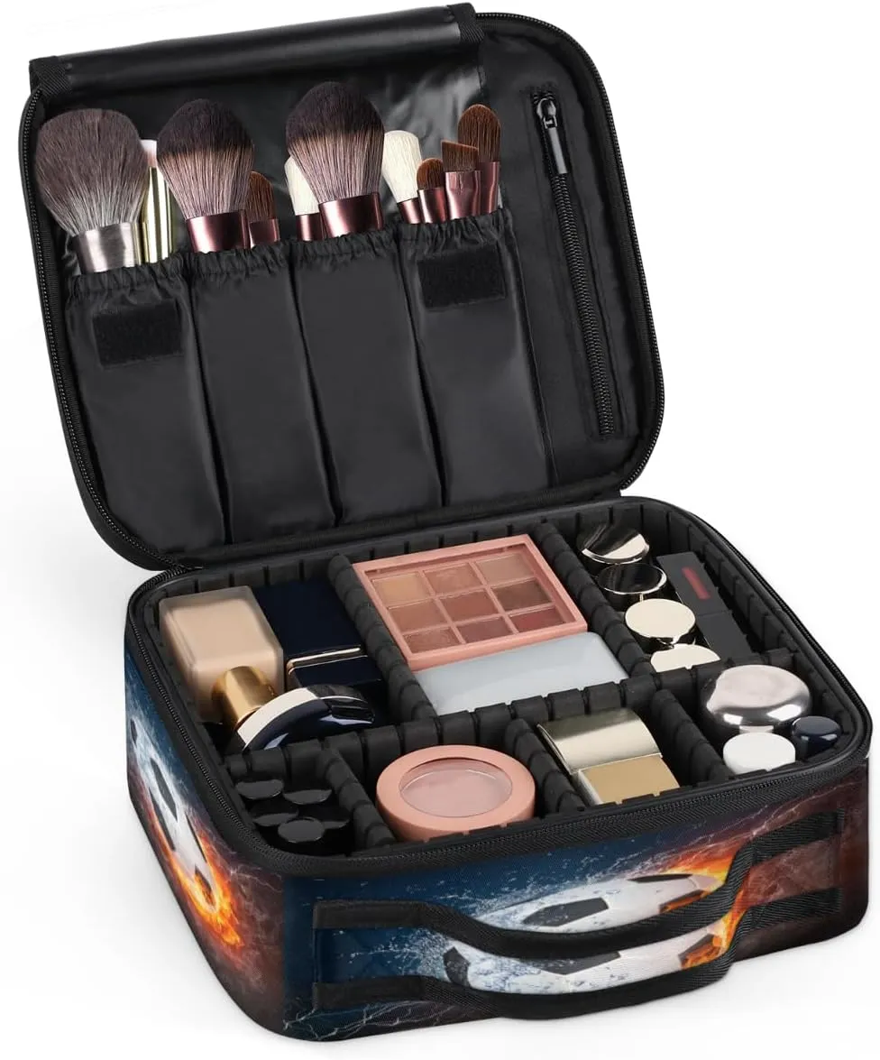 Soccer Makeup Train Case Travel Makeup Bag Professional Cosmetic Organizer Portable Storage Box with Adjustable Dividers for Cosmetics Makeup Brushes Toiletry