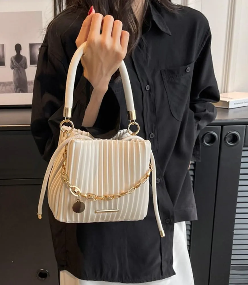 Soft Bucket Crossbody Bag for Women Small Purse Trendy Pleated PU Leather Shoulder Totes Hnadbag Satchel with Chain