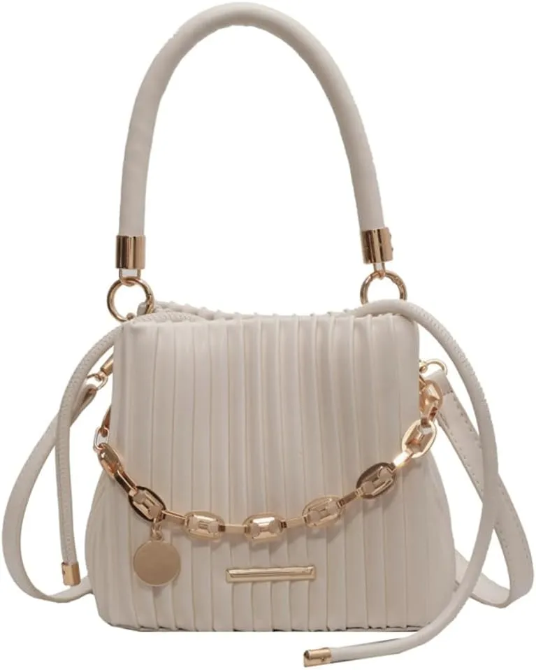 Soft Bucket Crossbody Bag for Women Small Purse Trendy Pleated PU Leather Shoulder Totes Hnadbag Satchel with Chain