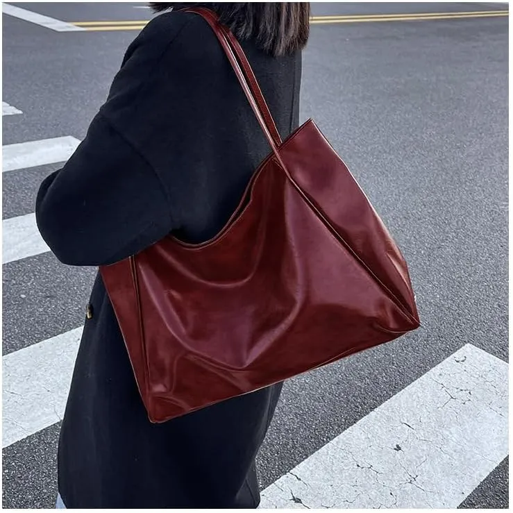 Soft Leather Large Capacity Tote Bag for Women Shoulder Bag Retro Satchel Bags for Women Leather Aesthetic