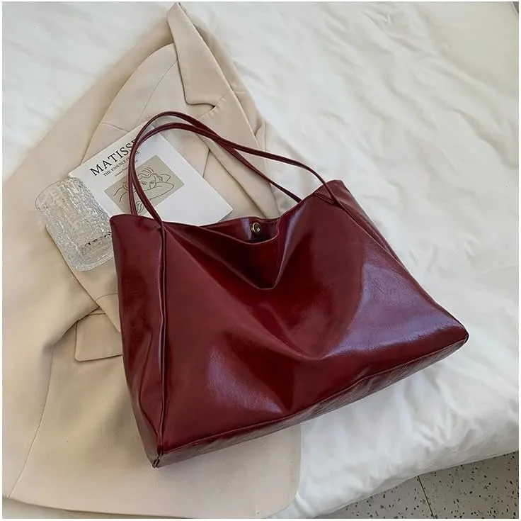 Soft Leather Large Capacity Tote Bag for Women Shoulder Bag Retro Satchel Bags for Women Leather Aesthetic