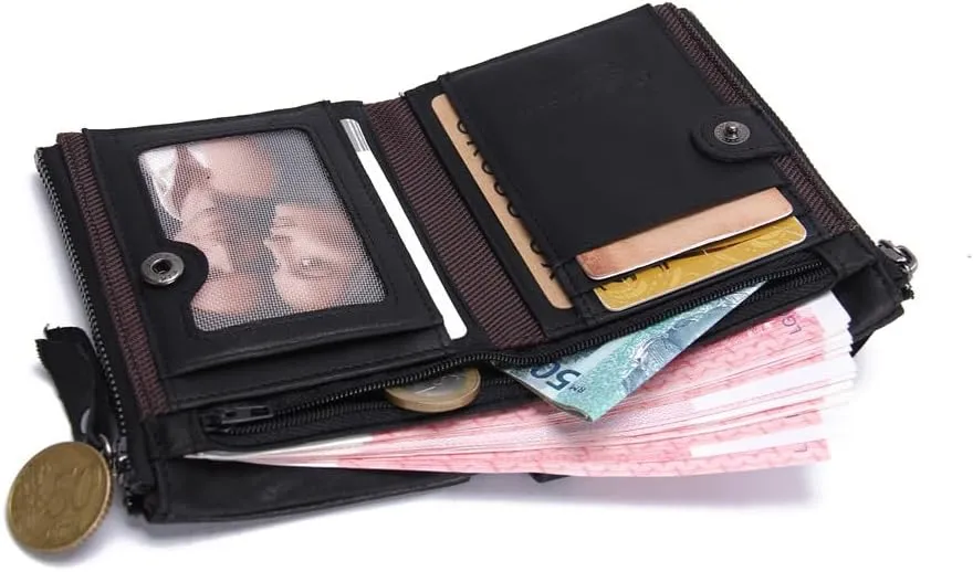 Soft Leather Wallet for Women and Men Small Bifold Coin Purse Double Zipper Card Holder with RFID Blocking (Black)