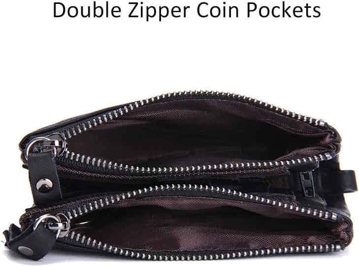 Soft Leather Wallet for Women and Men Small Bifold Coin Purse Double Zipper Card Holder with RFID Blocking (Black)