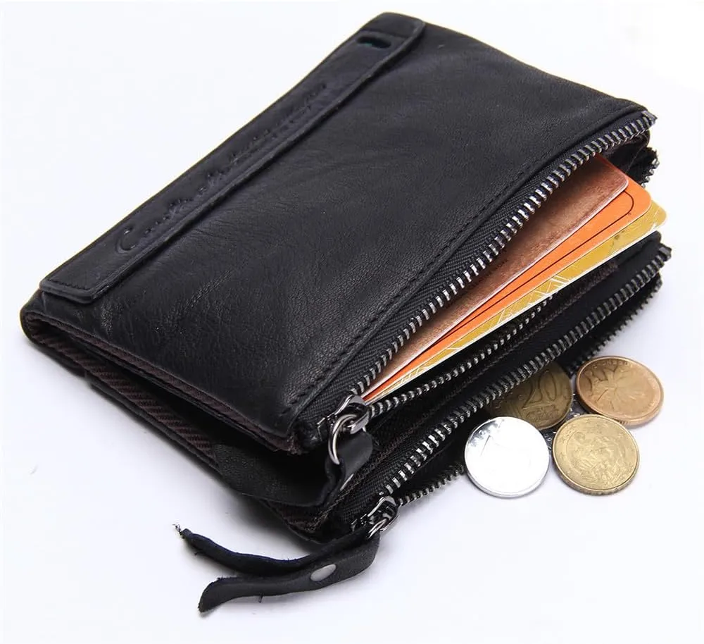 Soft Leather Wallet for Women and Men Small Bifold Coin Purse Double Zipper Card Holder with RFID Blocking (Black)