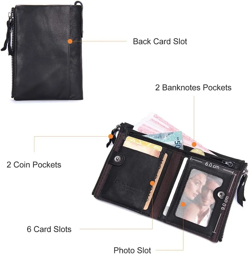 Soft Leather Wallet for Women and Men Small Bifold Coin Purse Double Zipper Card Holder with RFID Blocking (Black)