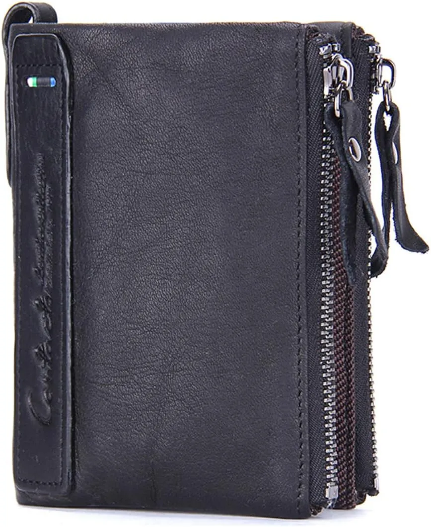 Soft Leather Wallet for Women and Men Small Bifold Coin Purse Double Zipper Card Holder with RFID Blocking (Black)