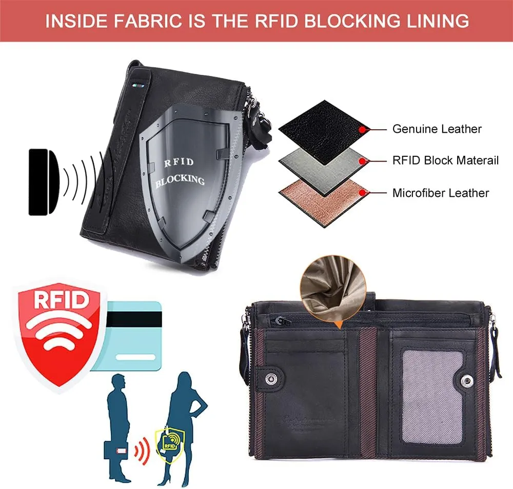 Soft Leather Wallet for Women and Men Small Bifold Coin Purse Double Zipper Card Holder with RFID Blocking (Black)