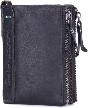 Soft Leather Wallet for Women and Men Small Bifold Coin Purse Double Zipper Card Holder with RFID Blocking (Black)