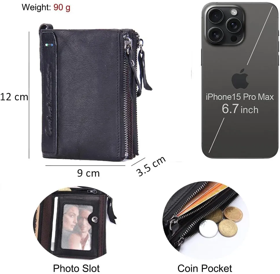 Soft Leather Wallet for Women and Men Small Bifold Coin Purse Double Zipper Card Holder with RFID Blocking (Black)
