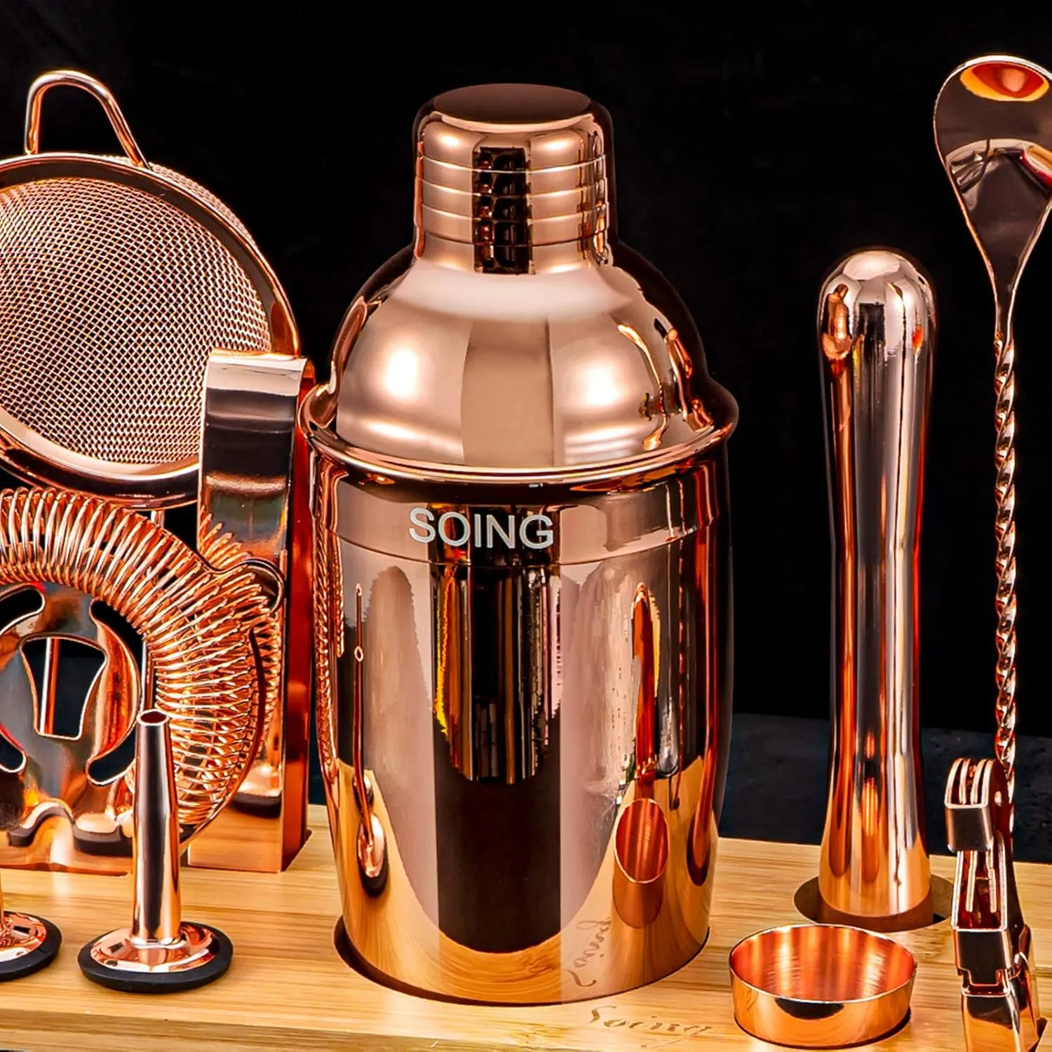 Soing 11-Piece Rose Copper Bartender Kit,Perfect Home Cocktail Shaker Set for Drink Mixing,Stainless Steel Bar Tools with Stand,Velvet Carry Bag & Cocktail Recipes Cards (Rose Copper)