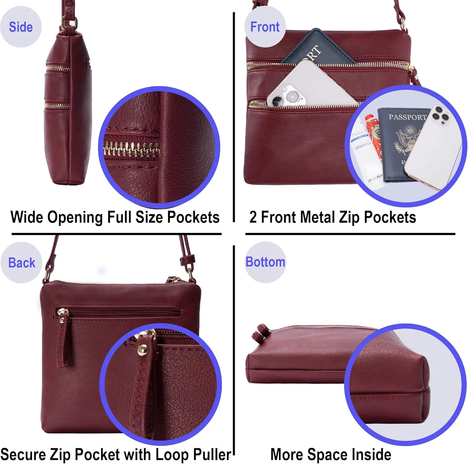Solene Small Multi Zipper Pocket Crossbody Bag with Adjustable Strap, Lightweight Travel Purse, Daily Small Messenger Pouch