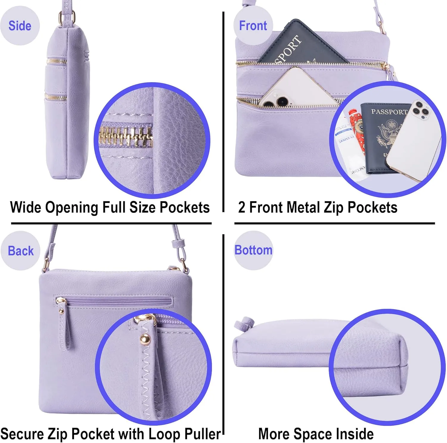 Solene Small Multi Zipper Pocket Crossbody Bag with Adjustable Strap, Lightweight Travel Purse, Daily Small Messenger Pouch