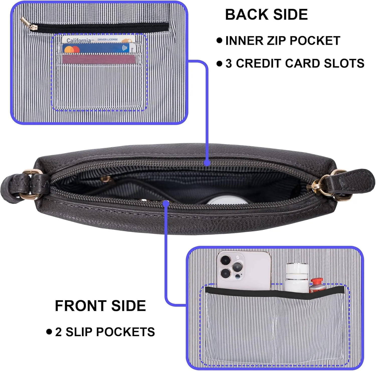 Solene Small Multi Zipper Pocket Crossbody Bag with Adjustable Strap, Lightweight Travel Purse, Daily Small Messenger Pouch