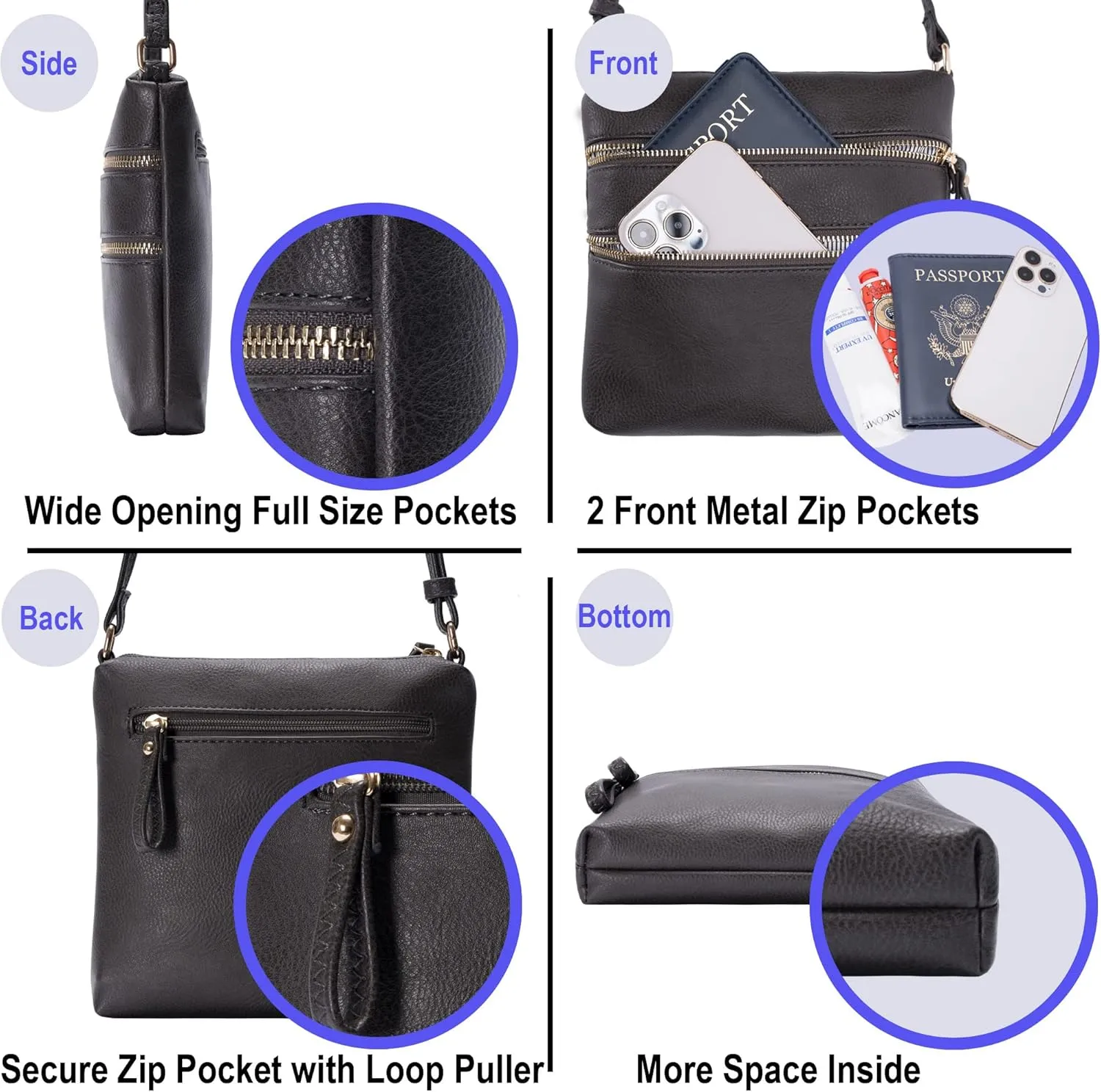 Solene Small Multi Zipper Pocket Crossbody Bag with Adjustable Strap, Lightweight Travel Purse, Daily Small Messenger Pouch