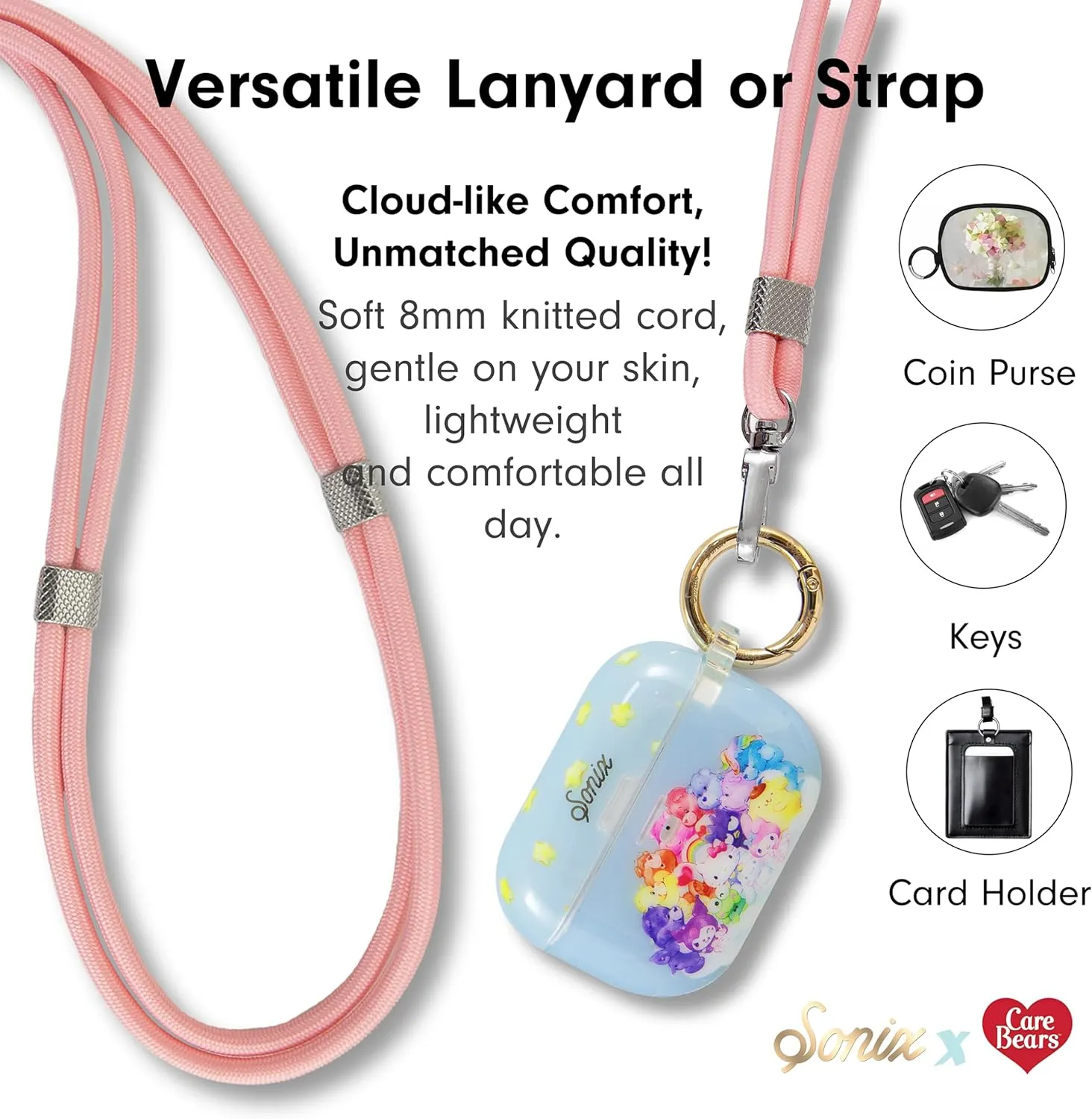 Sonix x Care Bears | Crossbody Phone Strap with Charms | Adjustable, Universal Cell Phone Rope Strap Lanyard | Pink Cord | Cheer Bear