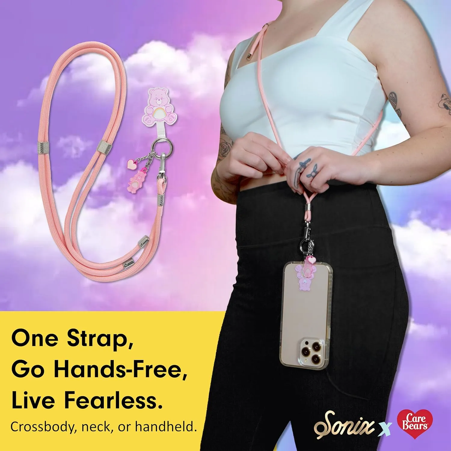Sonix x Care Bears | Crossbody Phone Strap with Charms | Adjustable, Universal Cell Phone Rope Strap Lanyard | Pink Cord | Cheer Bear