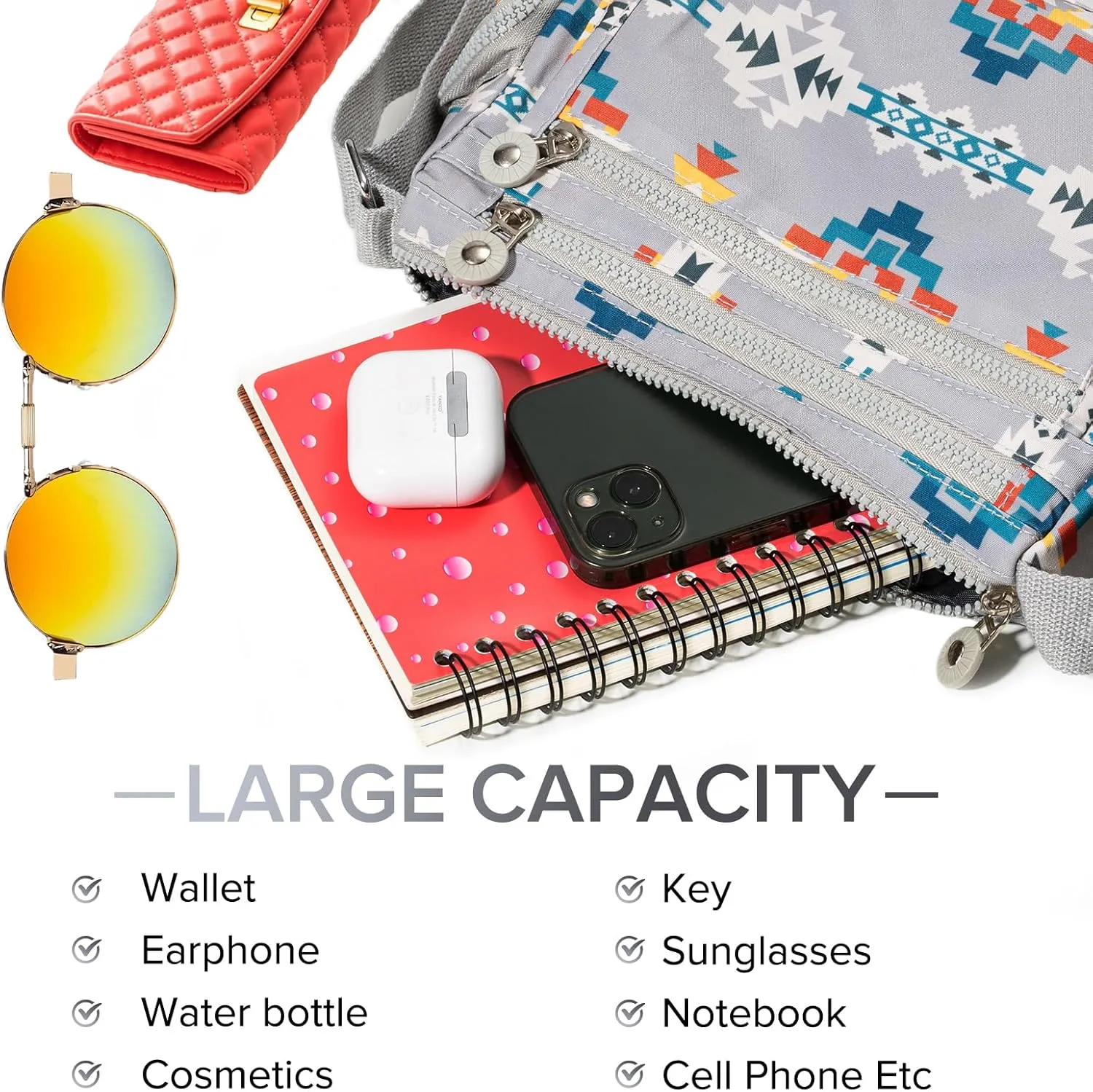 Southwest Shoulder Crossbody Bag for Women, Aztec Satchel&Purse with Multi Zipper Pocket and Adjustable Strap