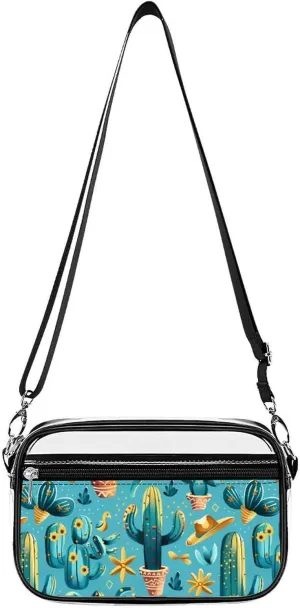 Southwest Turquoise Cactus Clear Bag PVC Clear Crossbody Purse Bag Transparent Shoulder Handbag with Adjustable Strap