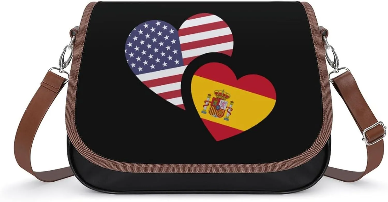 Spain US Flag Crossbody Bag Anti-Theft Side Shoulder Bags Adjustable Leather Messenger Bag Unisex