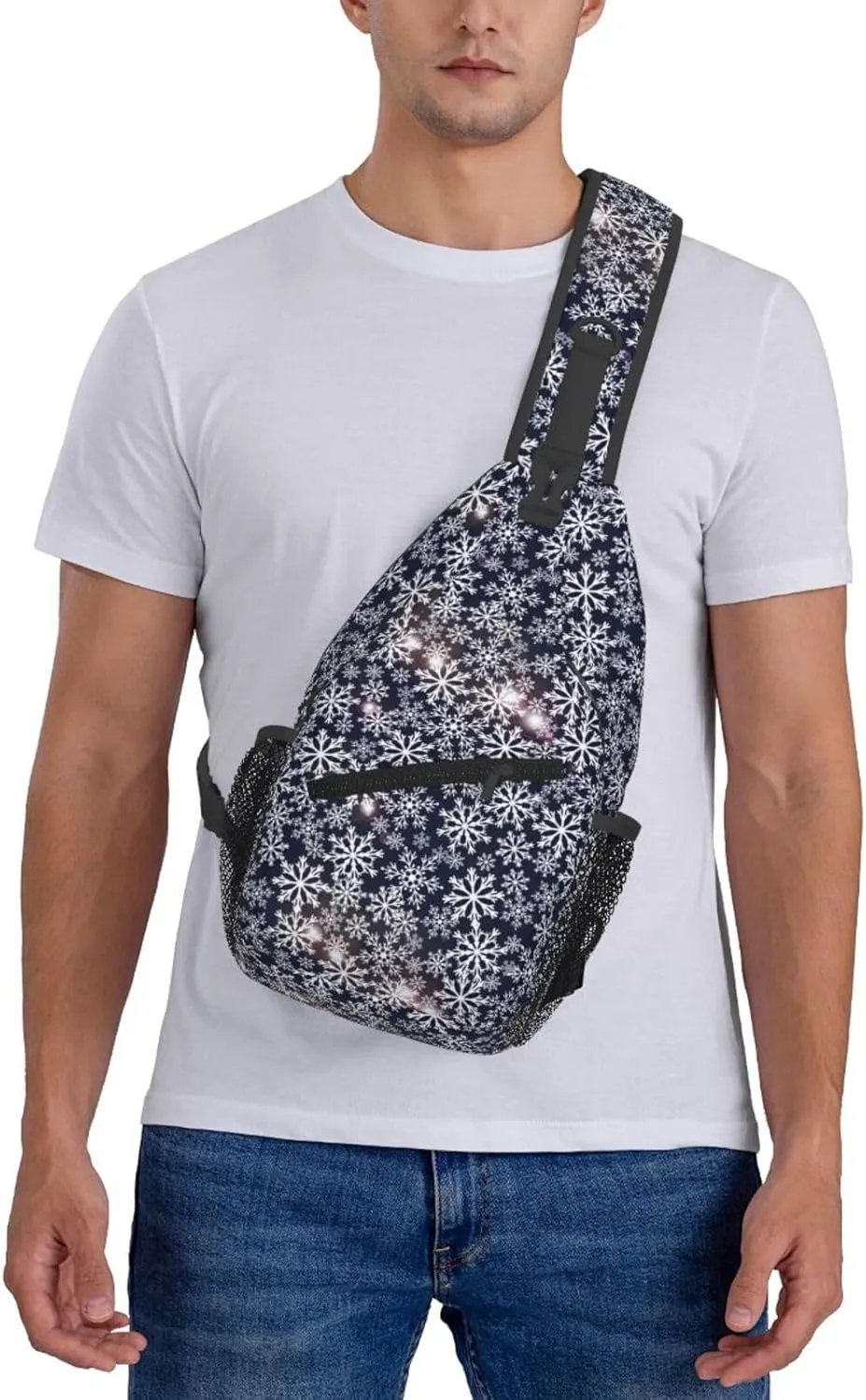 Sparkling Flares Snowflakes Snowfall Navy Blue Cross Chest Bag Diagonally Hiking Crossbody Bag Travel Shoulder Daypack Lightweight Sling Backpack Cycling Daypacks Fitness Chest Backpacks