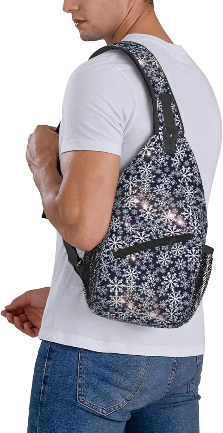 Sparkling Flares Snowflakes Snowfall Navy Blue Cross Chest Bag Diagonally Hiking Crossbody Bag Travel Shoulder Daypack Lightweight Sling Backpack Cycling Daypacks Fitness Chest Backpacks