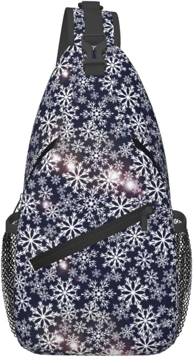 Sparkling Flares Snowflakes Snowfall Navy Blue Cross Chest Bag Diagonally Hiking Crossbody Bag Travel Shoulder Daypack Lightweight Sling Backpack Cycling Daypacks Fitness Chest Backpacks