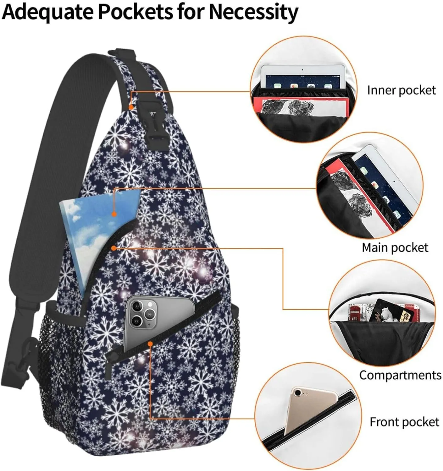 Sparkling Flares Snowflakes Snowfall Navy Blue Cross Chest Bag Diagonally Hiking Crossbody Bag Travel Shoulder Daypack Lightweight Sling Backpack Cycling Daypacks Fitness Chest Backpacks